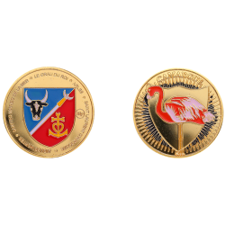 K11499 Medaille 34 mm Flamant rose de Camargue sur fond bleu